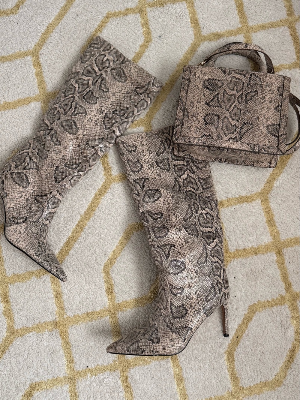 Snake-Print Knee-High Stiletto Boots - Beige